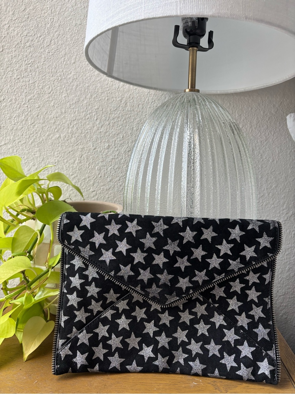 Rebecca Minkoff Black and Silver Star-Print Envelope Clutch